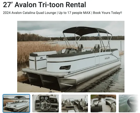 27-foot Avalon Catalina Quad Lounge tri-toon rental, fits up to 17 people