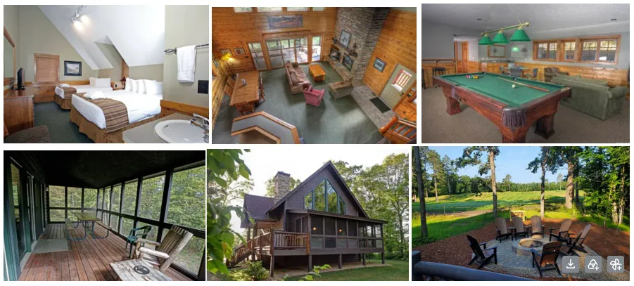 A collage of the Deacon's Lodge cabins — bedrooms, living areas, screened porch, and grounds