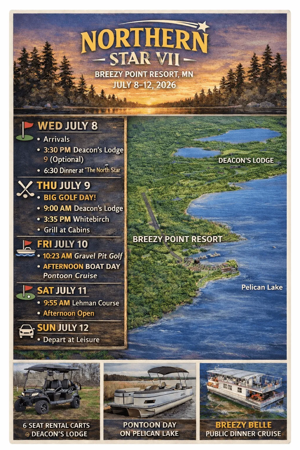 Northern Star VII schedule poster with daily itinerary and a map of Breezy Point Resort on Pelican Lake