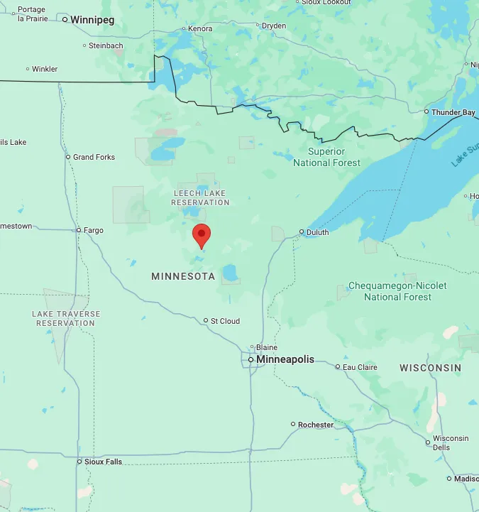 Map of Minnesota with Breezy Point Resort marked north of the Twin Cities